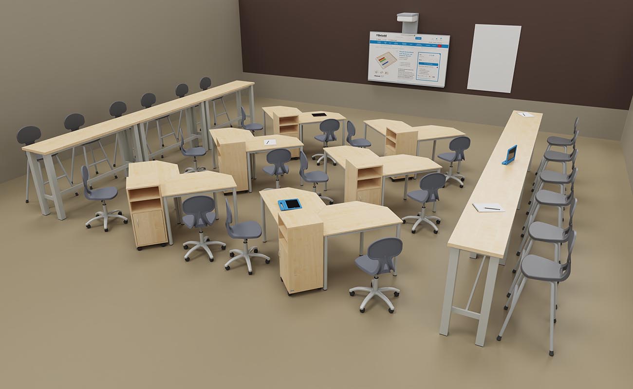 Klassenzimmer Ideenfabrik Unterrichtsbereich Klassenzimmer Ideenfabrik Unterrichtsbereich mit essBar Hochtischen, Betzold Hochstühlen, modularen Caddys, Lernflex Tischen und Drehstühlen