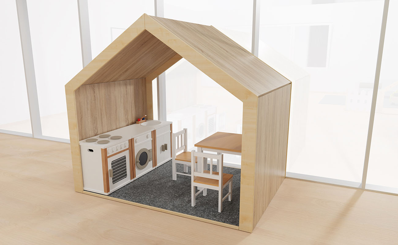 Gruppenraum Spieleparadies Ausschnitt mit EduCasa Spielhaus, Betzold Kinderküche und Kindersitzgruppe