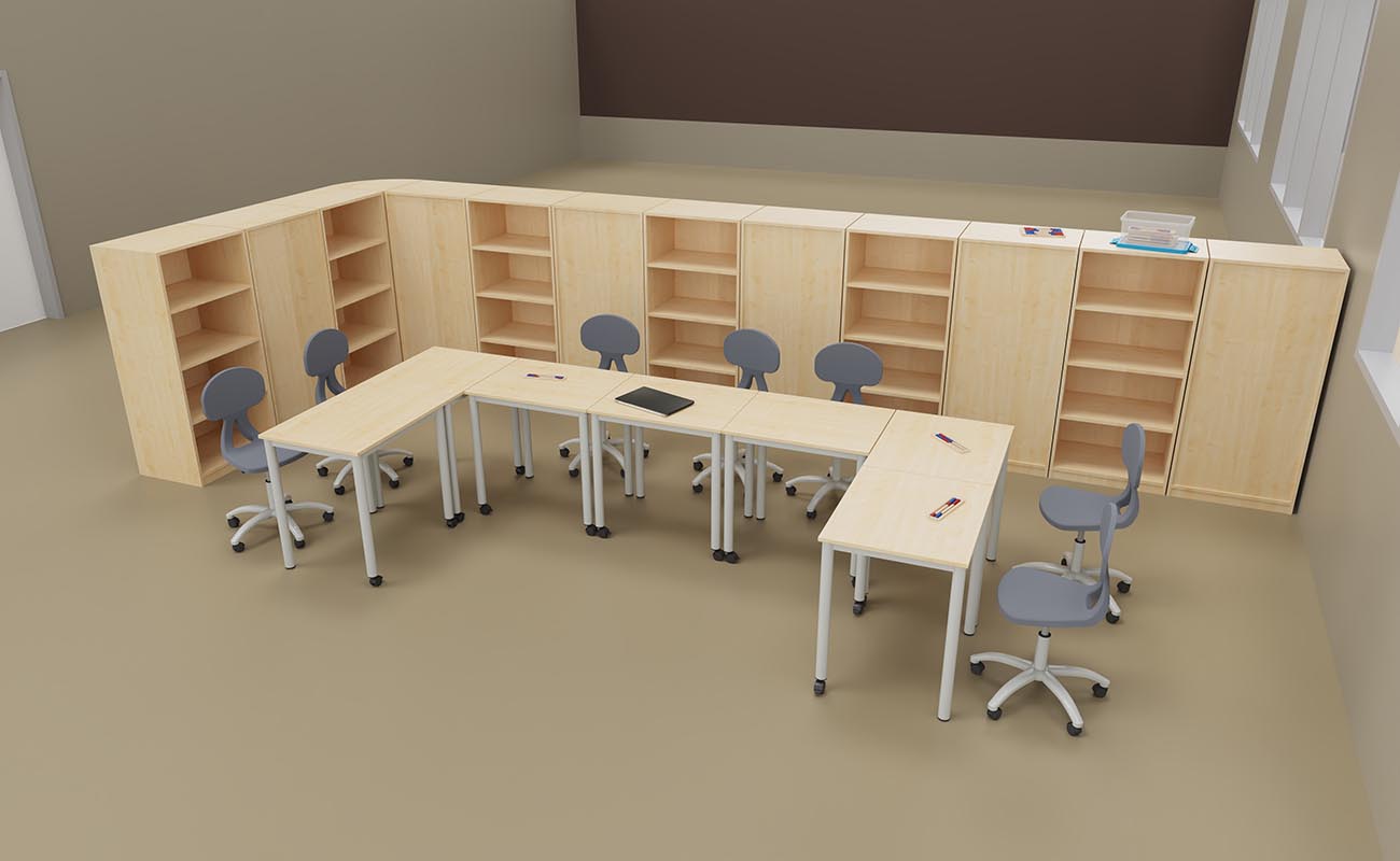 Klassenzimmer Ideenfabrik Besprechungsecke Klassenzimmer Ideenfabrik Besprechungsecke mit Flexeo Bücherregalen, Lernflex Tischen und Drehstühlen