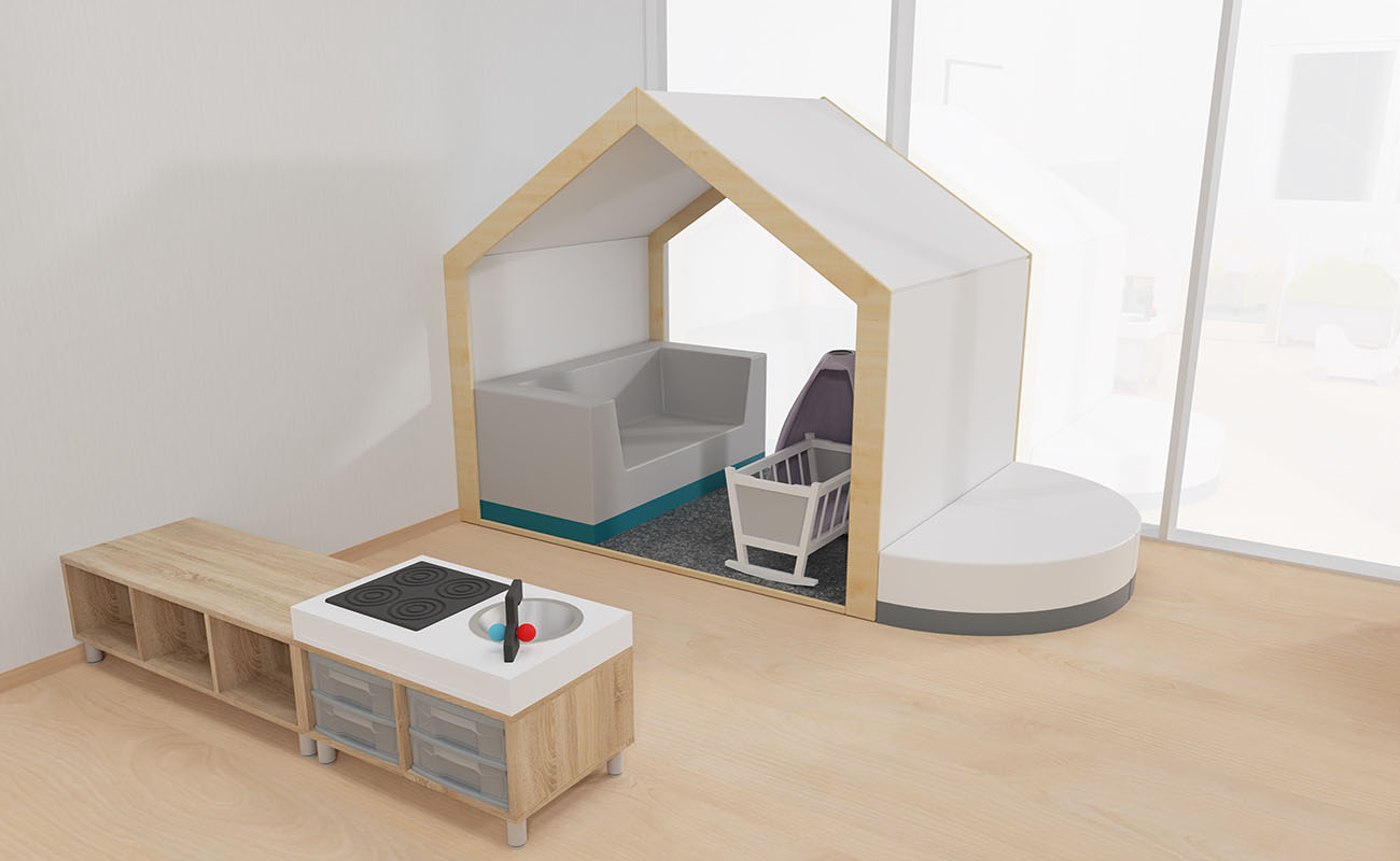 Gruppenraum Spieleparadies Gruppenraum Spieleparadies Ausschnitt mit EduCasa Spielhaus mit Clubbo Sofa, Betzold Puppenwiege und Puppenwagen, Flexeoregal mit Betzold Aufsatz Küche