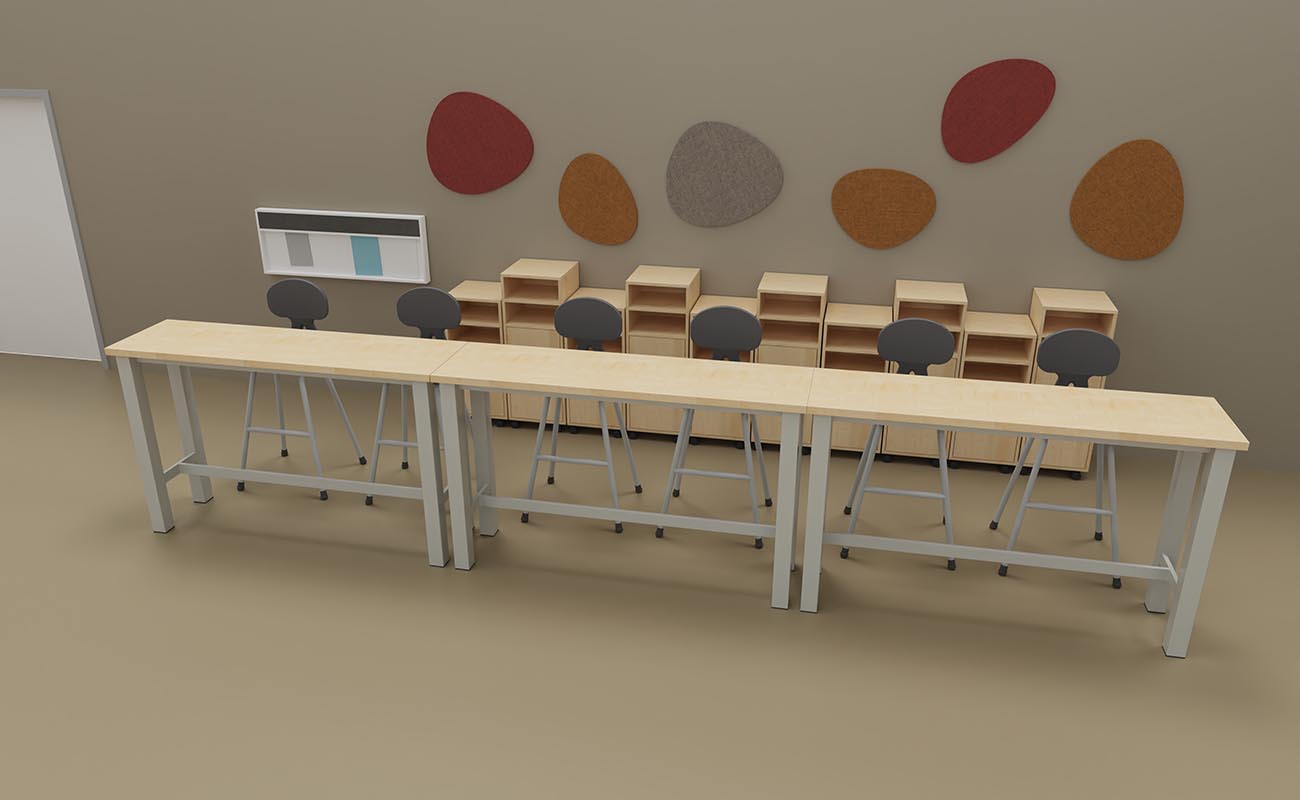 Klassenzimmer Ideenfabrik Sitzbereich mit essBar Hochtischen, Betzold Hochstühlen, xilent Schallschutz, Flexeo Caddys und eduCasa Tafel