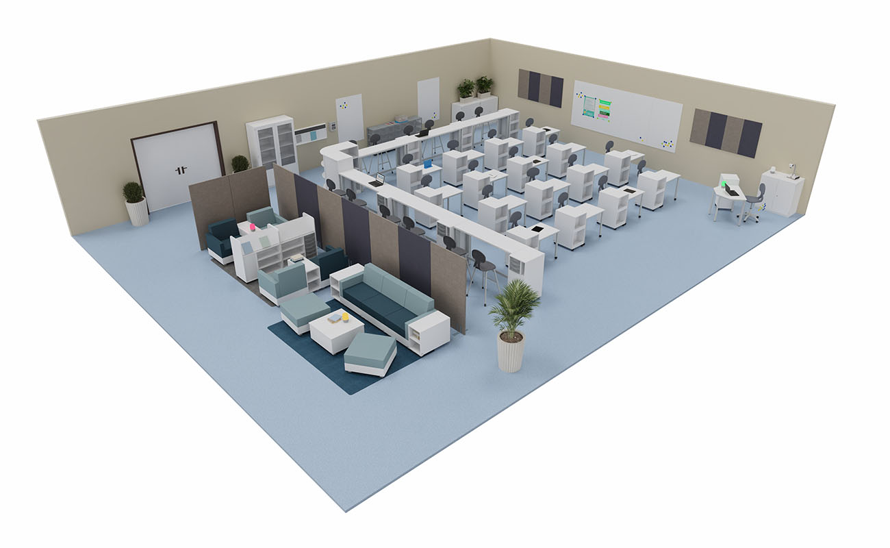 Klassenzimmer LernLounge mit Flexeo LernFlex Tischen, Chillo Sofas, Schallschutz und Flexeo Boxen