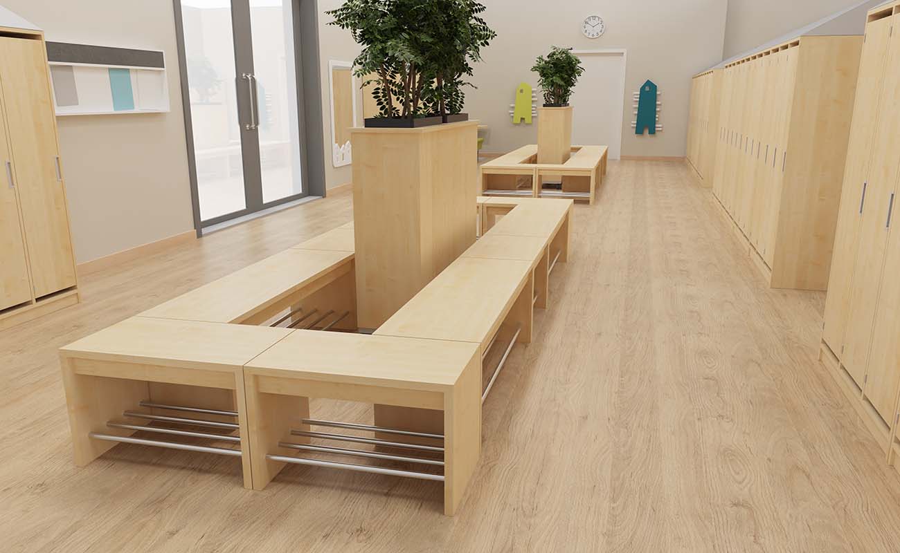 Garderobe Grüner Treffpunkt Ausschnitt mit Flexeo Armadio Garderobenschränken, Garderobenbänken, Pflanzkübeln, EduCasa Spiegel Stadt und essBAR Hocker und Tisch