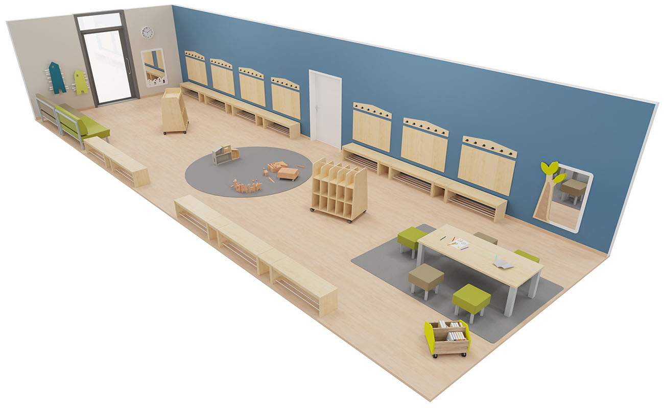 Garderobe Spiel- und Stauraum mit Flexeo Armadio Garderobe, essBar Bänken und Tischen, EduCasa Taschenwagen und Bücherwagen und Betzold Bausteinwagen