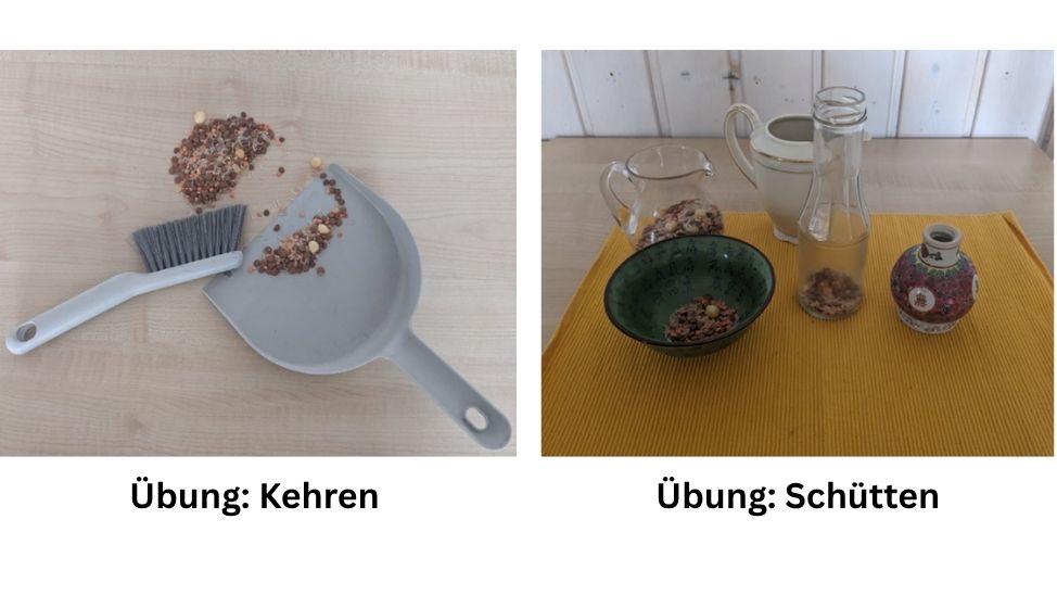 Links: Kehrset, Rechts: Verschiedenen Gefäße mit Schütmaterial