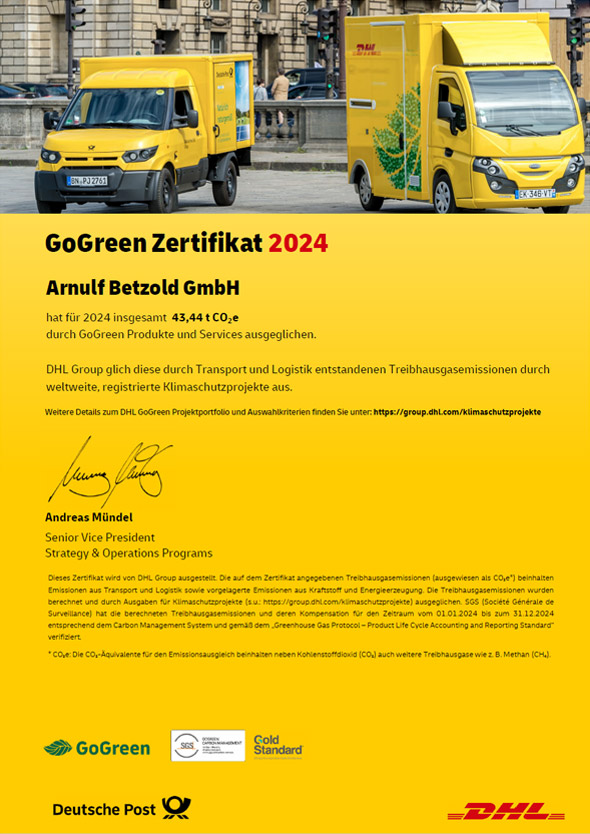 Zertifikat DHL GoGreen klimaneutral