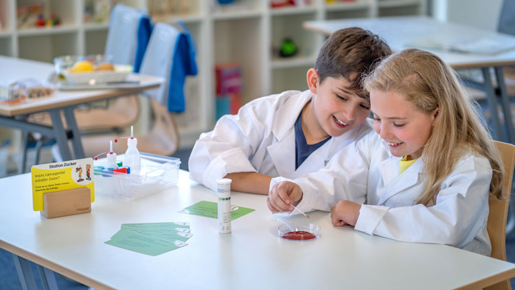 Kinder arbeiten mit der Betzold Stationenkiste zur Bestimmung von Nahrungsmitteln