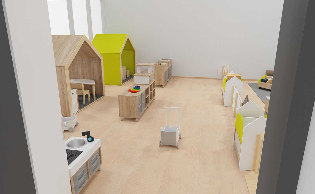 Gruppenraum Spieleparadies Ausschnitt mit Raumtrenner Gartenzaun, EduCasa Spielhäusern, Flexeo Regalen und Betzold Regalaufsatz Puppenhaus