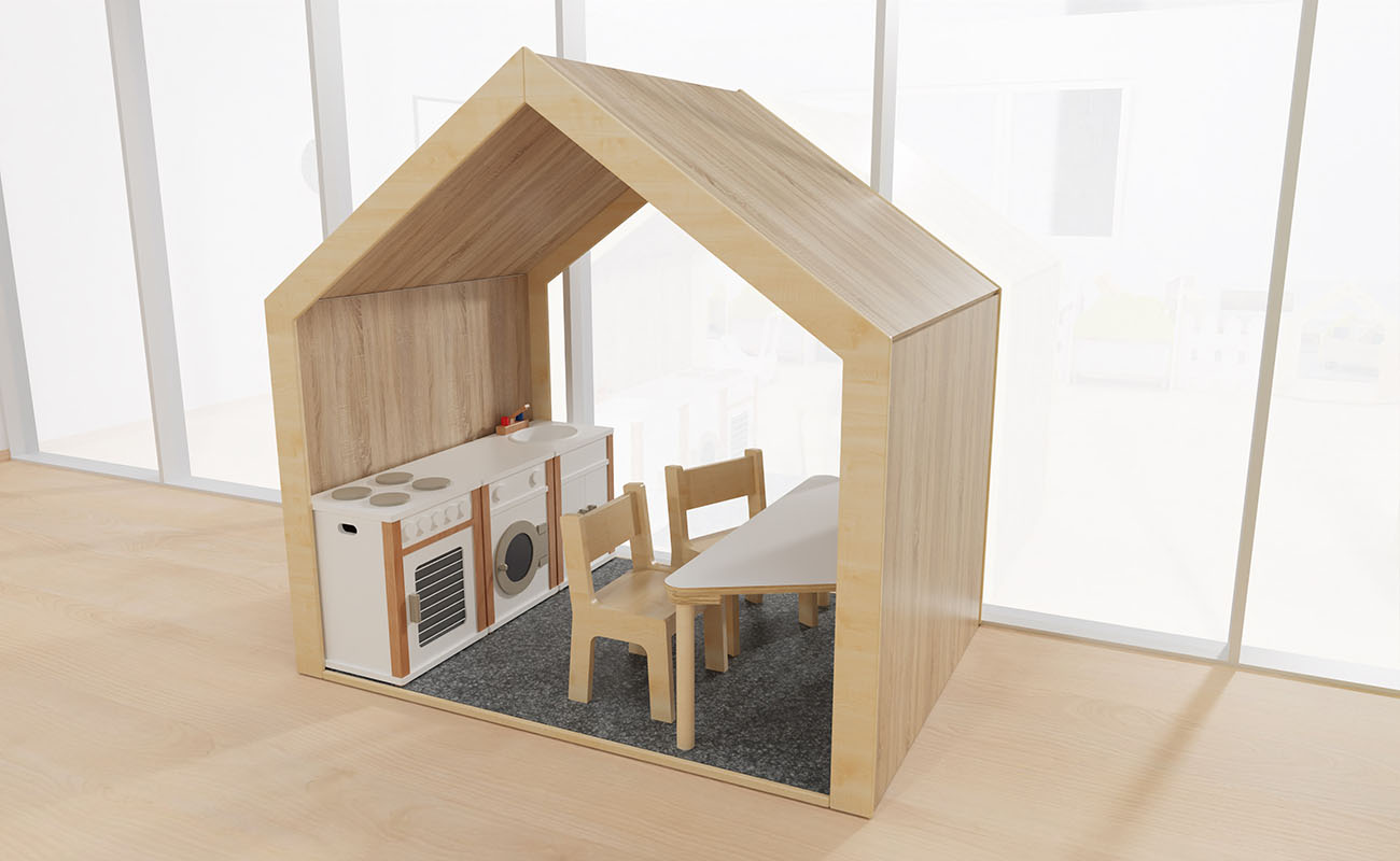 Gruppenraum Spieleparadies Gruppenraum Spieleparadies Ausschnitt mit EduCasa Spielhaus, Betzold Kinderküche und Kindersitzgruppe