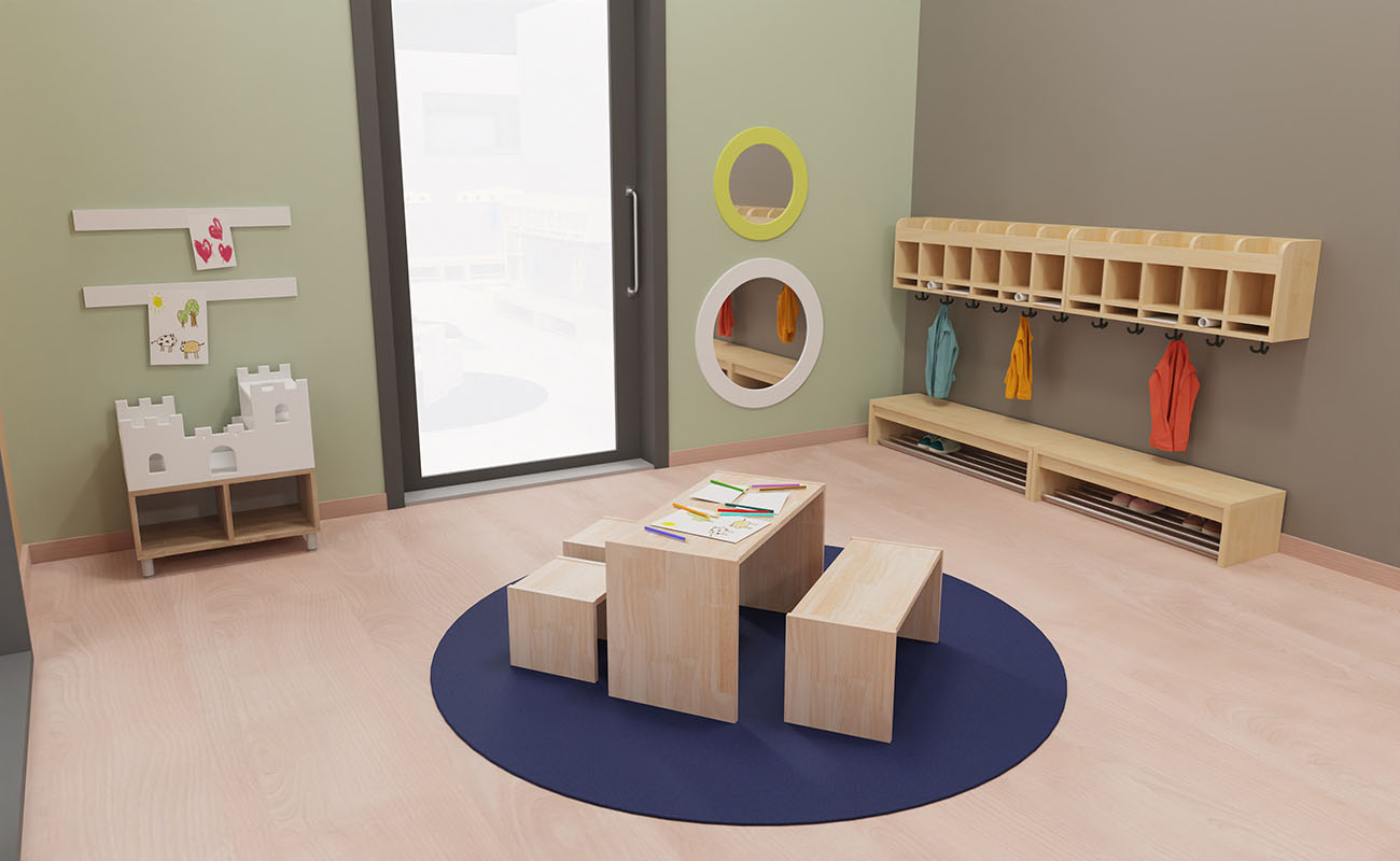 Garderobe Hereinspaziert Garderobe Hereinspaziert mit Flexeo Armadio Garderobe, Betzold Elefanten Sofa, Bodensitzkissen, EduCasa Regalaufsatz Ritterburg, Kindersitzgruppe und EduCasa Spiegel Stadt