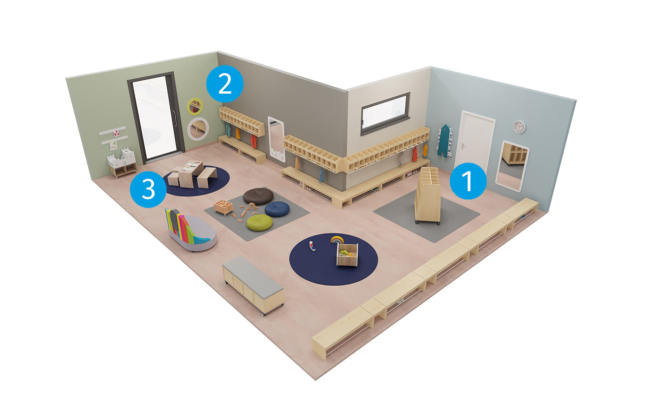 Garderobe Hereinspaziert mit Flexeo Armadio Garderobe, Betzold Elefanten Sofa, Bodensitzkissen, EduCasa Regalaufsatz Ritterburg, Kindersitzgruppe und Elternpostkasten Haus