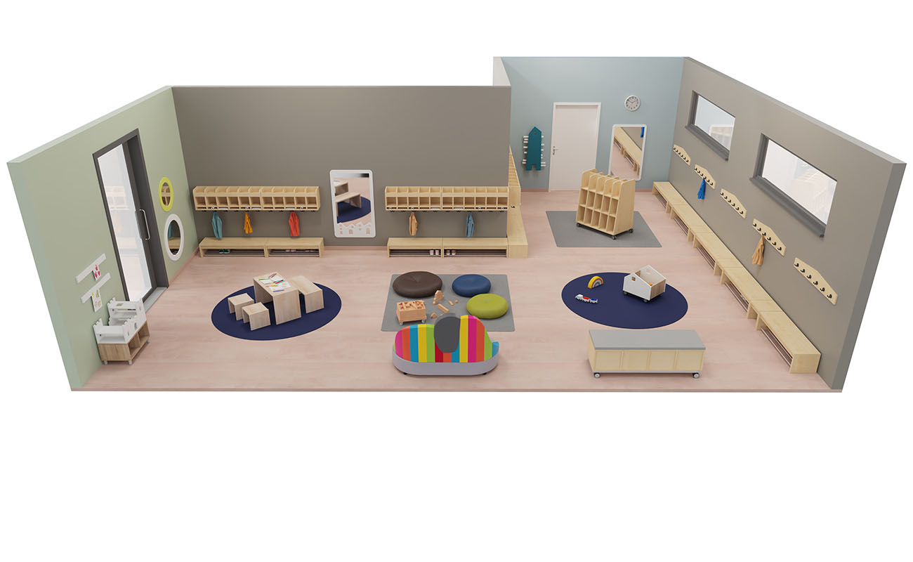 Garderobe Hereinspaziert mit Flexeo Armadio Garderobe, Betzold Elefanten Sofa, Bodensitzkissen, EduCasa Regalaufsatz Ritterburg, Kindersitzgruppe und Elternpostkasten Haus