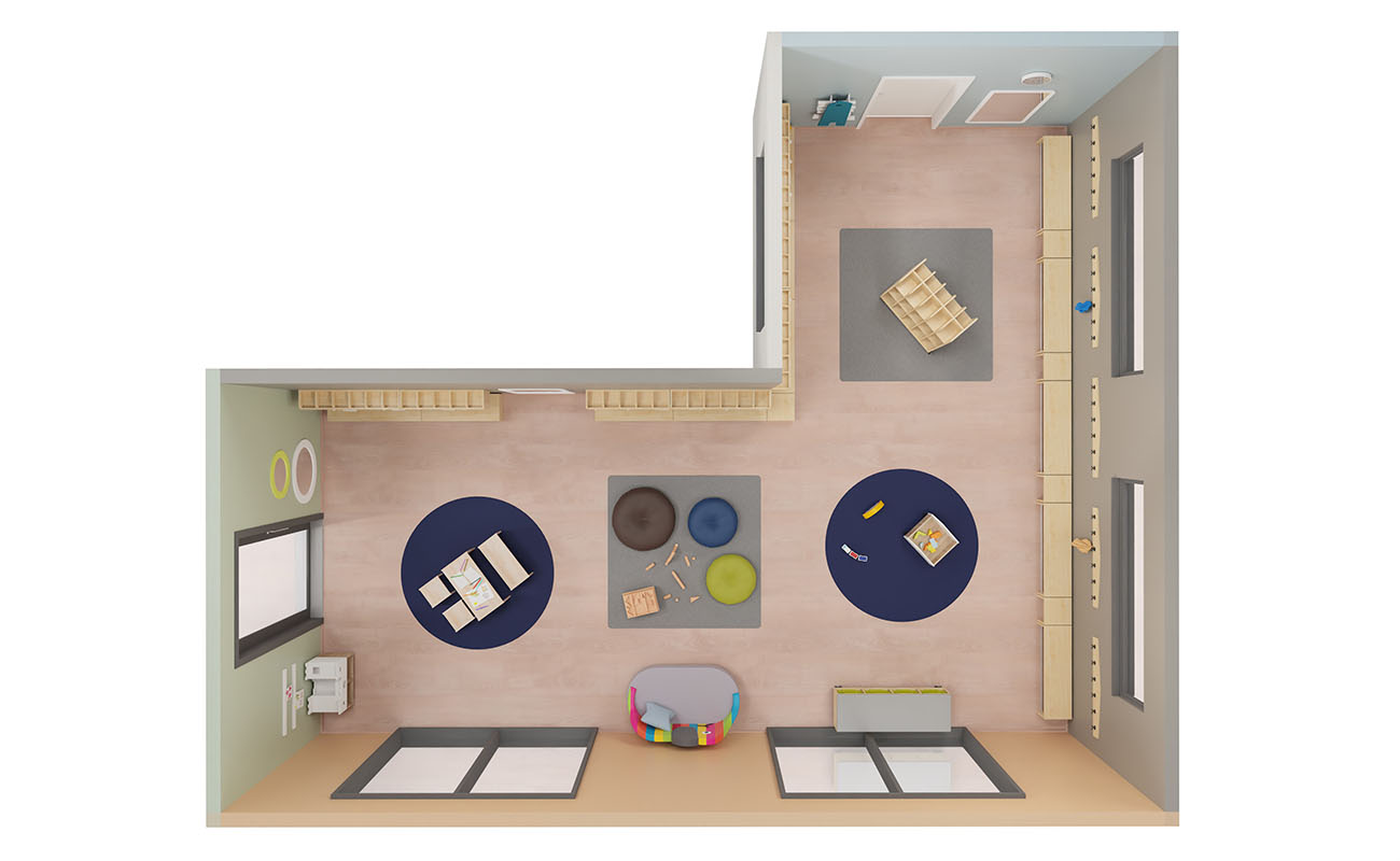 Garderobe Hereinspaziert mit Flexeo Armadio Garderobe, Betzold Elefanten Sofa,  Bodensitzkissen, EduCasa Regalaufsatz Ritterburg, Kindersitzgruppe und Elternpostkasten Haus