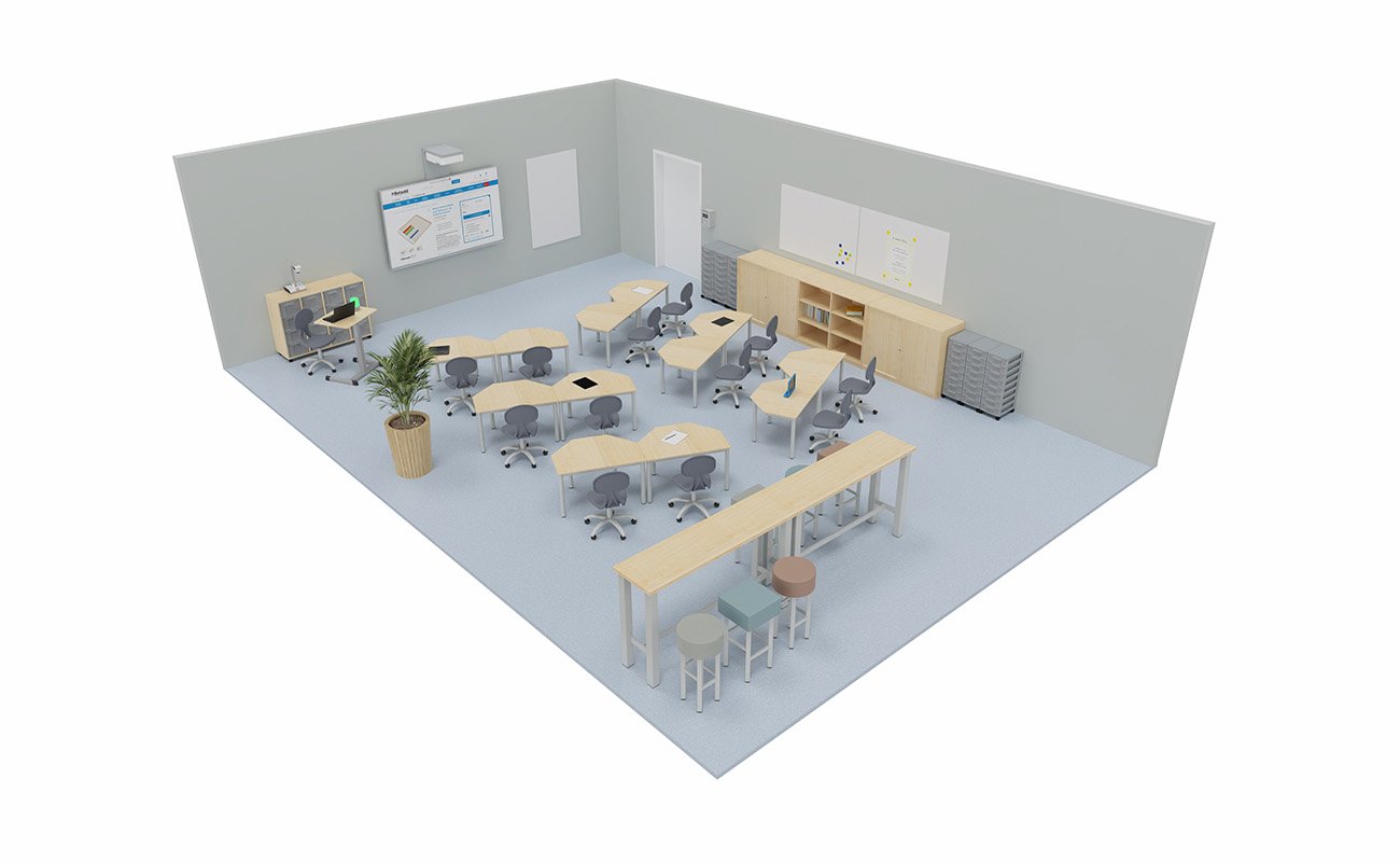 Klassenzimmer LernLounge mit Flexeo LernFlex Tischen, Chillo Sofas, Schallschutz und Flexeo Boxen