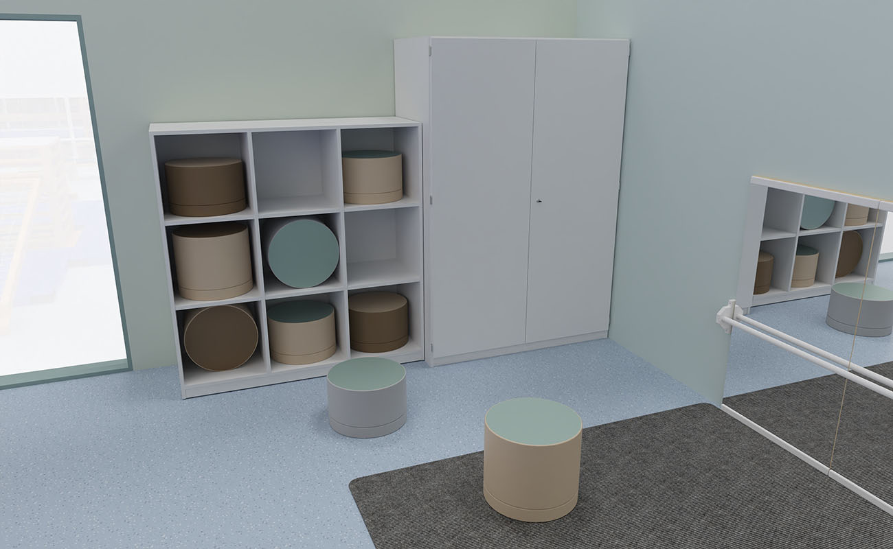 Bewegungsraum Bewegungsdschungel Bewegungsraum Bewegungsdschungel Ecke mit Flexeo Reagl und Flexeo Sportschrank
