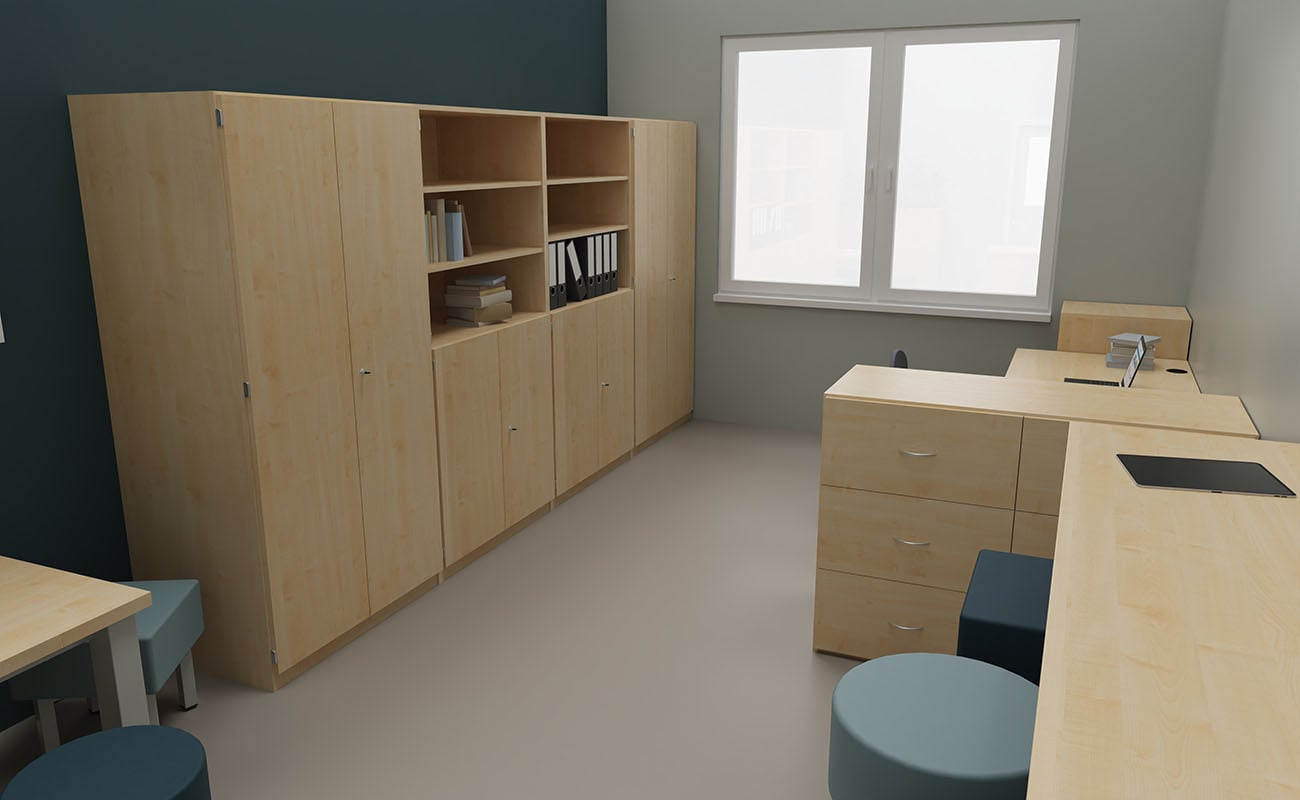 Sekretariat Vertrauensecke mit essBar Tischen, essBar Hockern, Flexeo Schreibtisch und Schrank