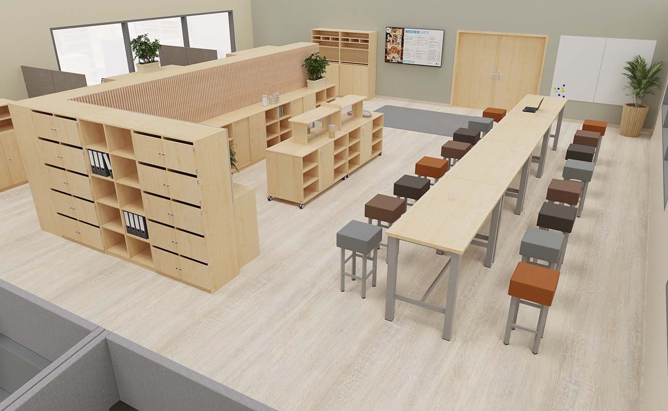 Buffetwagen im Raum Lehrerzimmer Lehrkraft Lounge Ausschnitt mit Flexeo Schränken, essBar Hochtischen und Hochhockern