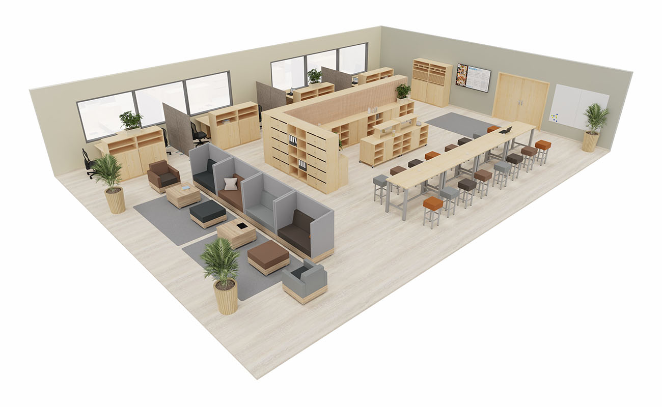 Lehrerzimmer Lehrkraft Lounge Gesamtansicht mit Schallschutzsofas, Flexeo Schränken, essBar Hochtischen und Hochhockern