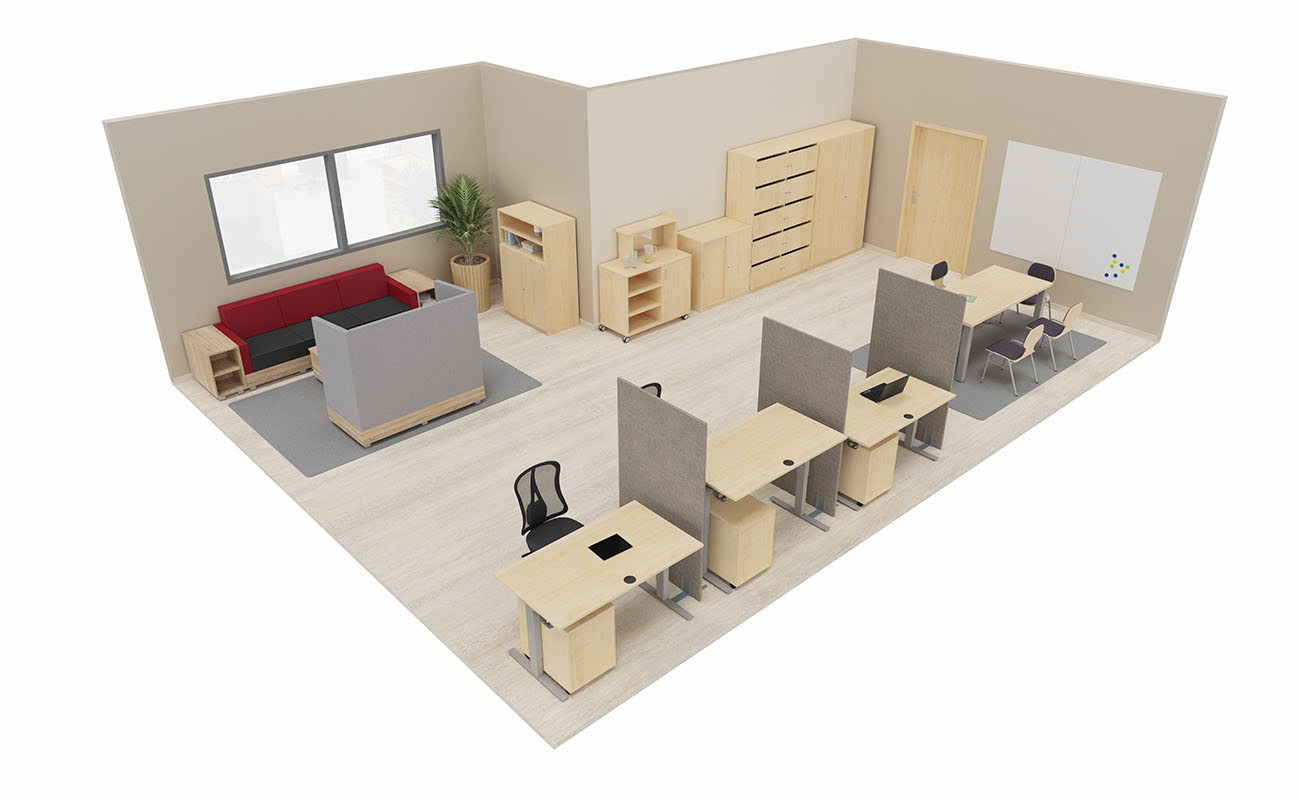 Lehrerzimmer Team-Atelier Gesamtansicht mit Flexeo Schränken, Chillo Sofa und Schallschutzsofa und Schreibtischen