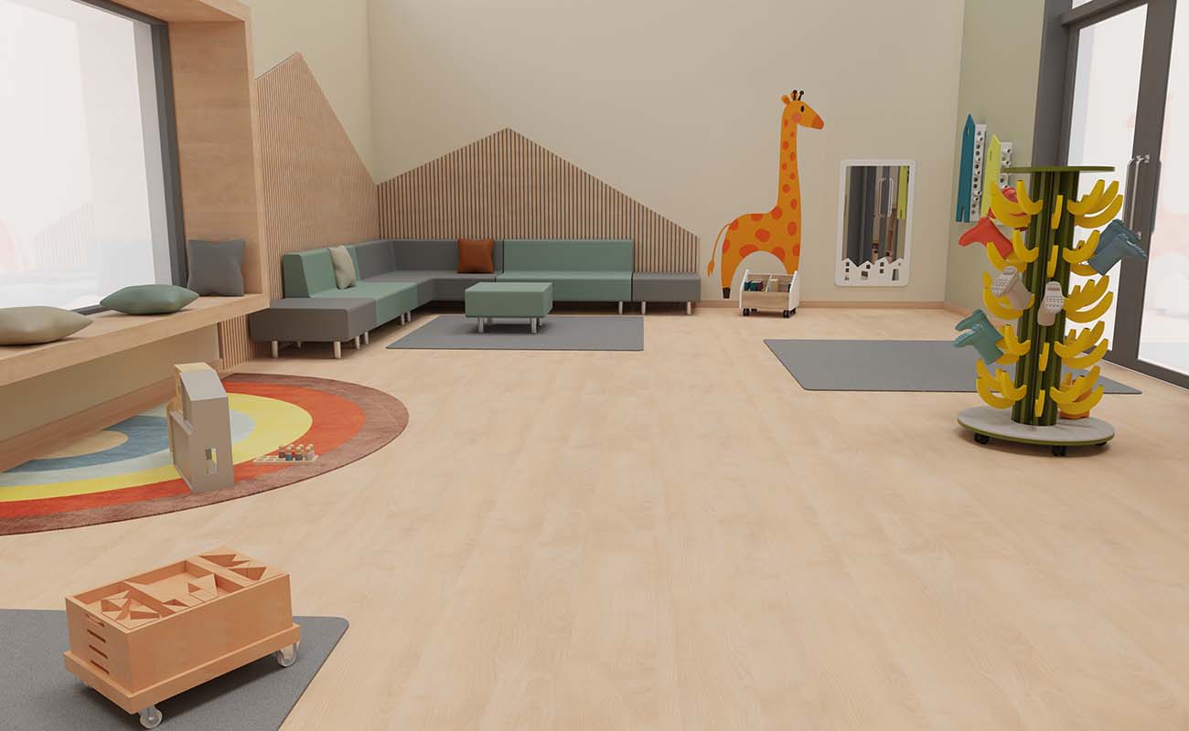 Treffpunkt der Möglichkeiten Ausschnitt mit Flexeo Neo Sofas, Stiefelwagen Banane, EduCasa Spiegel Stadt und grauen Teppichen