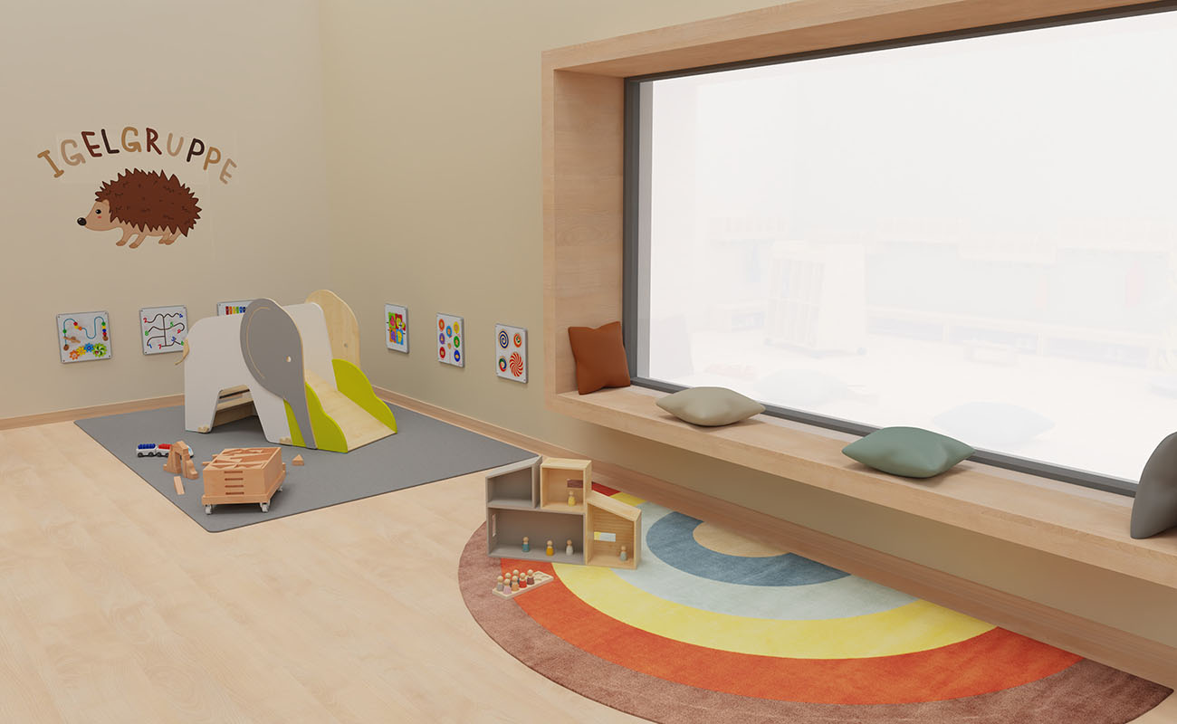 Treffpunkt der Möglichkeiten Ausschnitt mit Teppich Regenbogen, Rutsche Elefant, modularem Puppenhaus und EduCasa Wandelementen