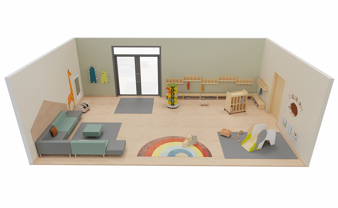Treffpunkt der Möglichkeiten Eingangsbereich Seitenansicht mit Flexeo Neo Sofas, Flexeo Armadio Garderoben, Stiefelwagen Banane und Flexeo Armadio Taschenwagen