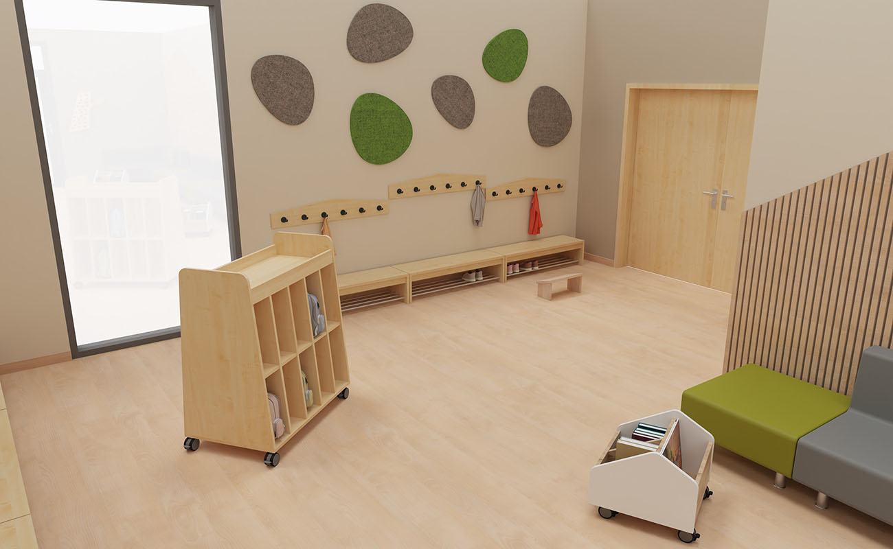 Treffpunkt Marktplatz Ausschnitt mit Flexeo Armadio Garderobe und Taschenwagen, EduCasa Bücherwagen und Betzold Neo Sofas