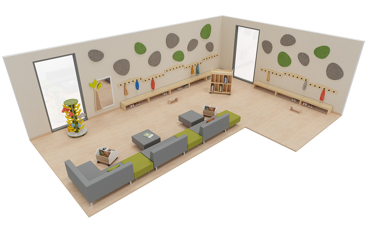 Treffpunkt Marktplatz mit Betzold Neo Sofas, Flexeo Armadio Garderobe und Schallschutzelementen