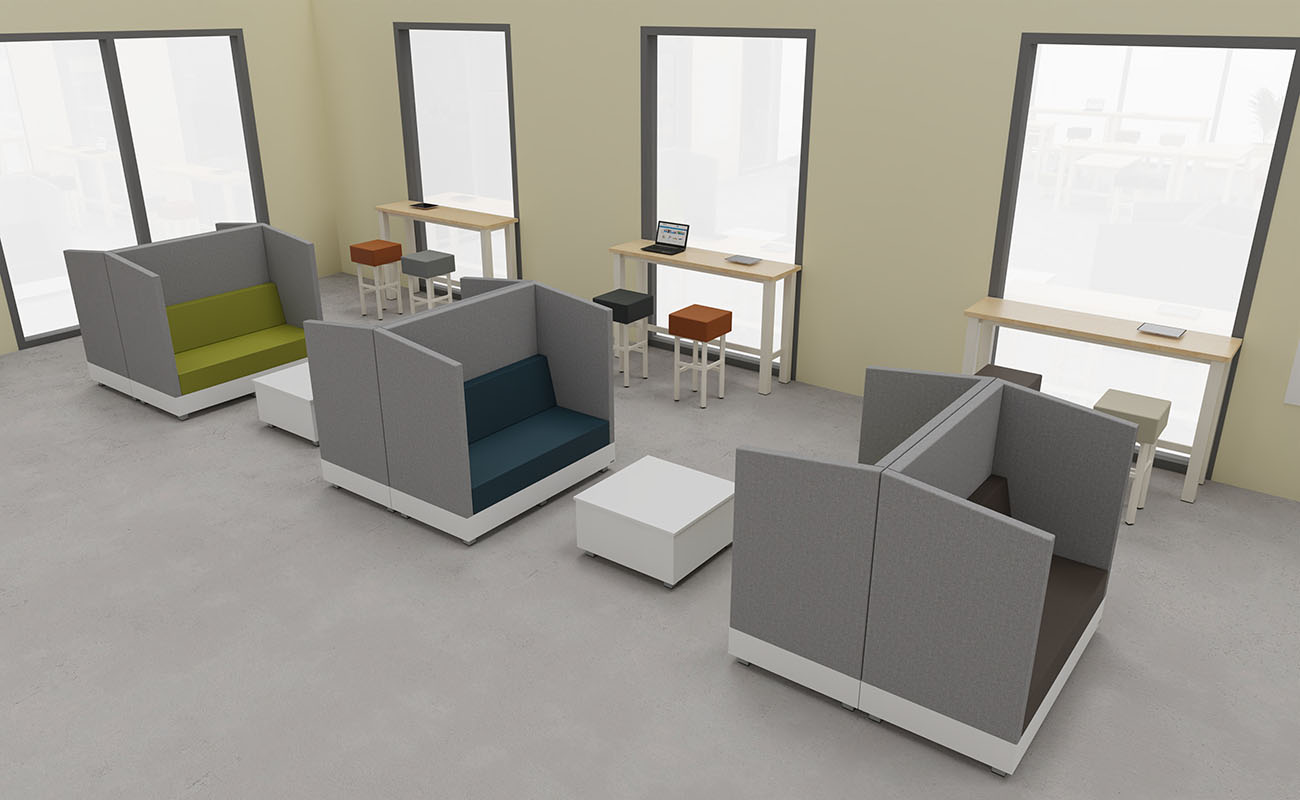 Co-Learning Space LernAtelier Co-Learning Space LernAtelier Ecke mit Chillo Schallschutzsofas, essBar Hochtischen und Hochhockern