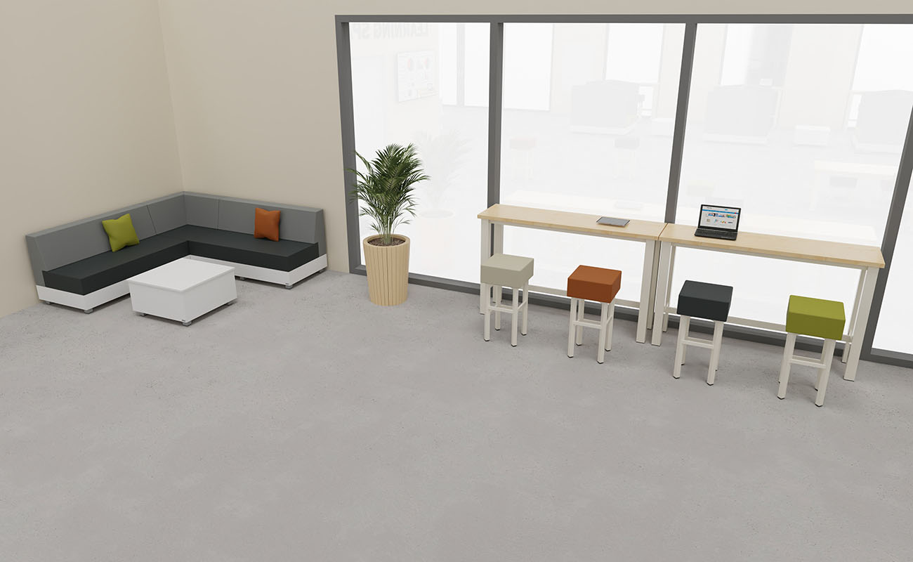Co-Learning Space LernAtelier Co-Learning Space LernAtelier Ecke mit essBar Hochtischen und Hochhockern und Chillo Sofa