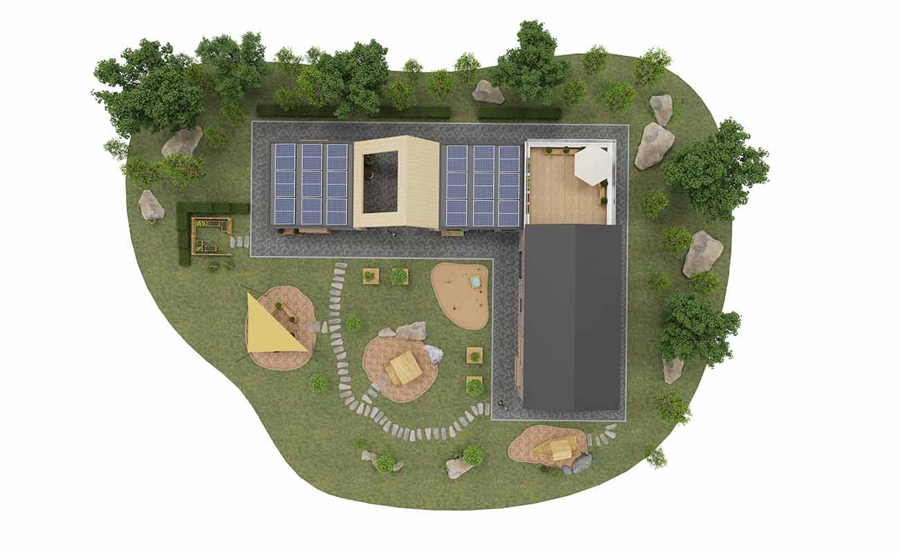 Außenbereich Entdeckerinsel mit Plantas Sitzmöglichkeiten, Betzold Hüttengaudi, Matschtisch, Outdoorküche und Hochbeeten