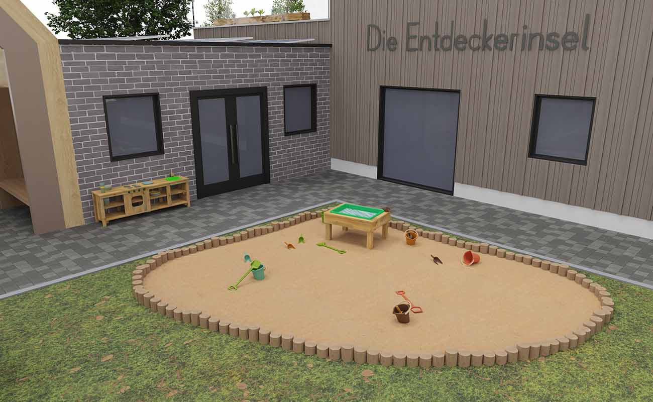 Außenbereich Entdeckerinsel Ecke mit Sandkasten mit Betzold Sandspielzeug, Outdoorküche und Matschtisch