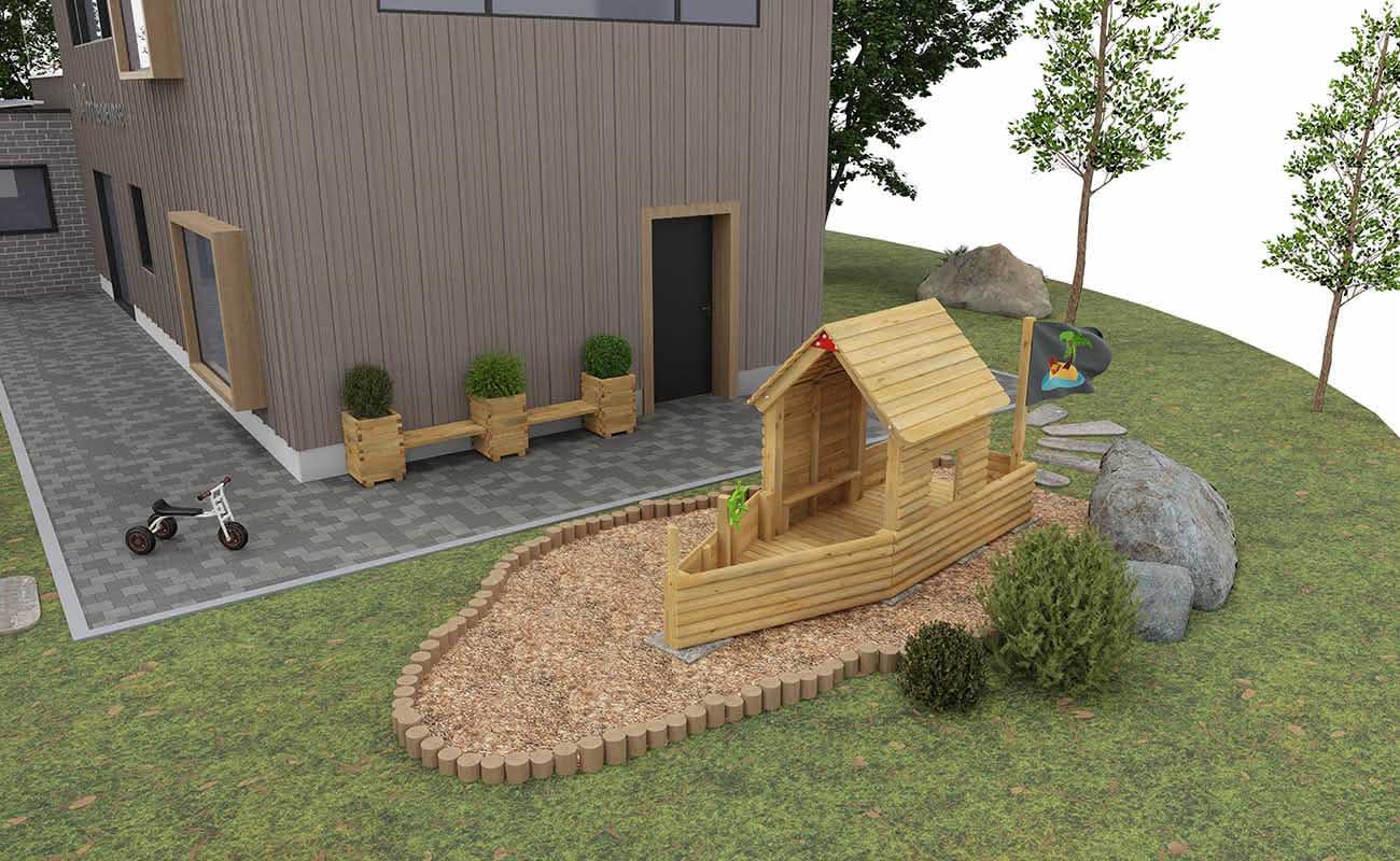 Außenbereich Entdeckerinsel Ecke mit Plantas Sitzbänken, Betzold Fahrzeugen und Rollenspielset Schiff