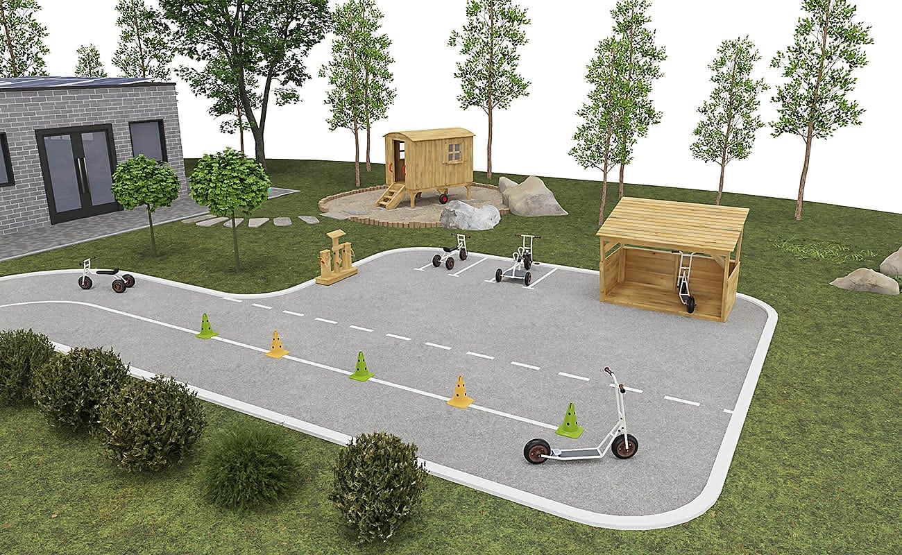 Außenbereich Bewegungsreich Ecke mit Betzold Fahrzeugen, Kegeln, Betzold Multiport und Bauwagen
