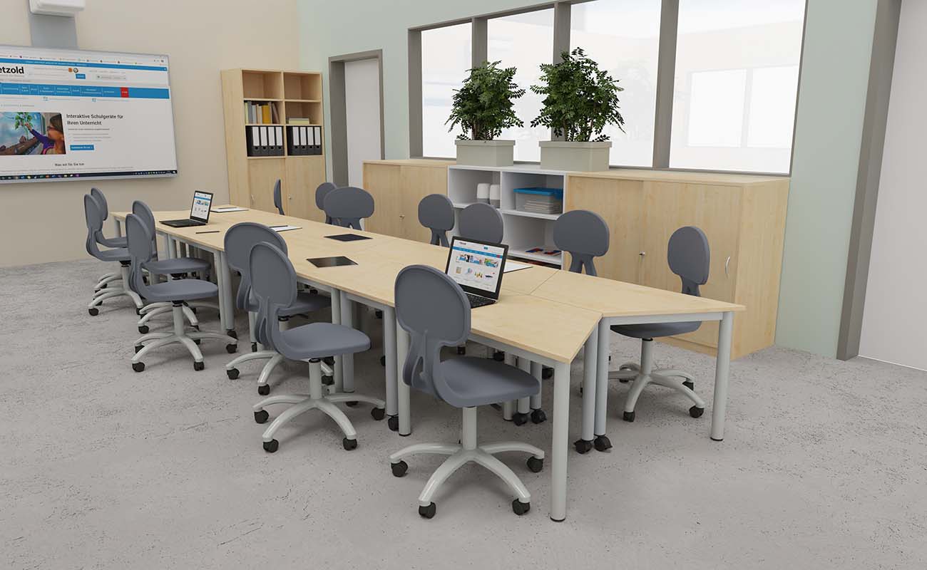 Klassenzimmer Lern-Nest Ausschnitt mit modularen Betzold LernFlex Tischen, X-Tra Stühlen und Chillo Sofa