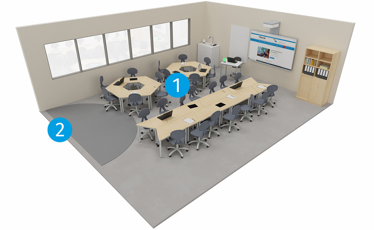 Klassenzimmer Lern-Nest mit modularen Betzold LernFlex Tischen, X-Tra Stühlen und Chillo Sofa