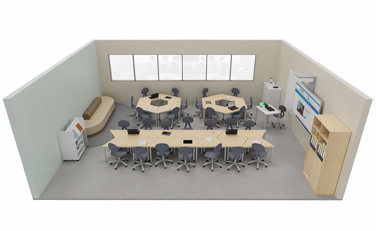 Klassenzimmer Lern-Nest mit modularen Betzold LernFlex Tischen, X-Tra Stühlen und Chillo Sofa
