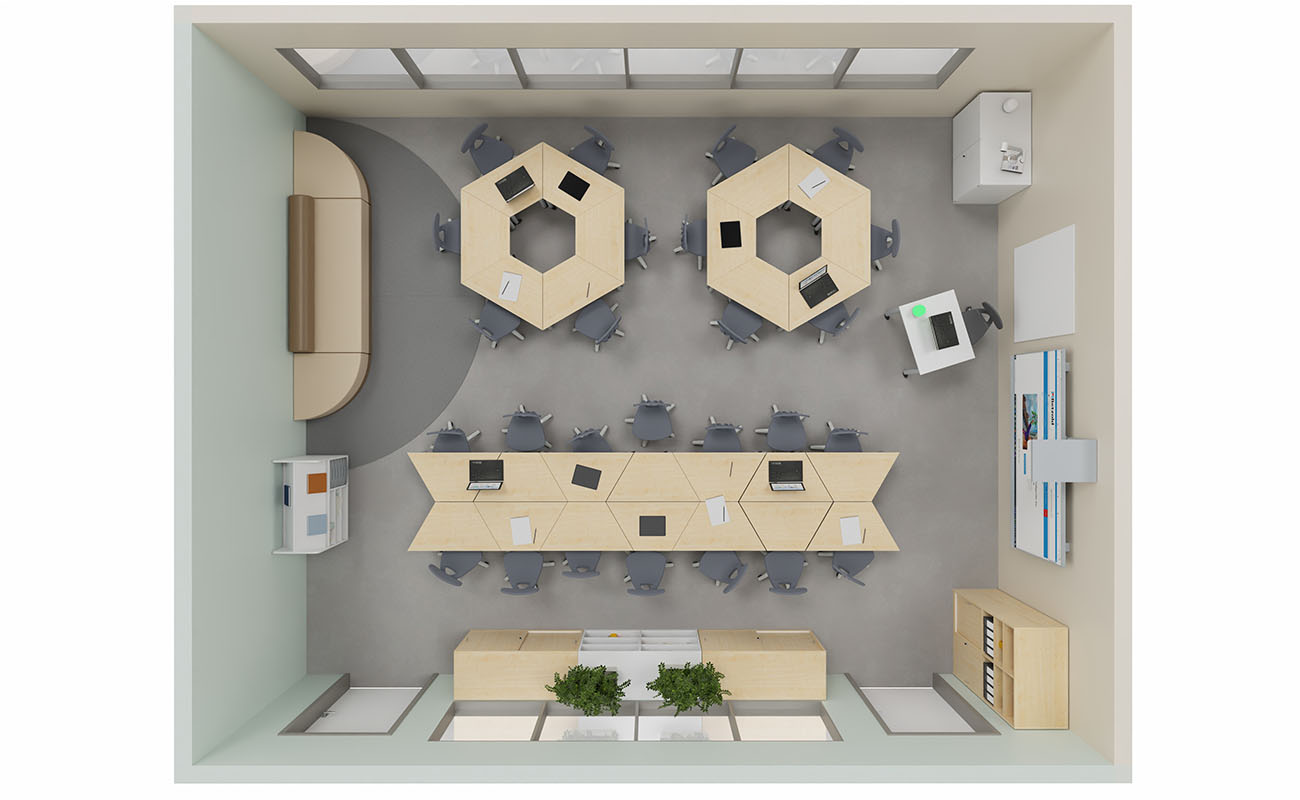 Klassenzimmer Lern-Nest mit modularen Betzold LernFlex Tischen, X-Tra Stühlen und Chillo Sofa