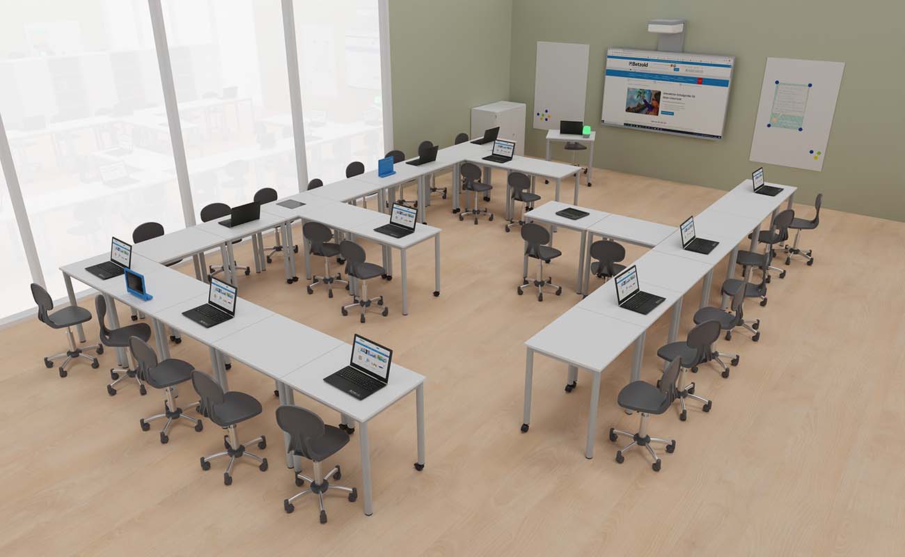 Klassenzimmer Dialogwerkstatt Klassenzimmer Dialogwerkstatt Unterrichtsecke mit Lernflex Tischen, X-tra Stühlen und Whiteboard