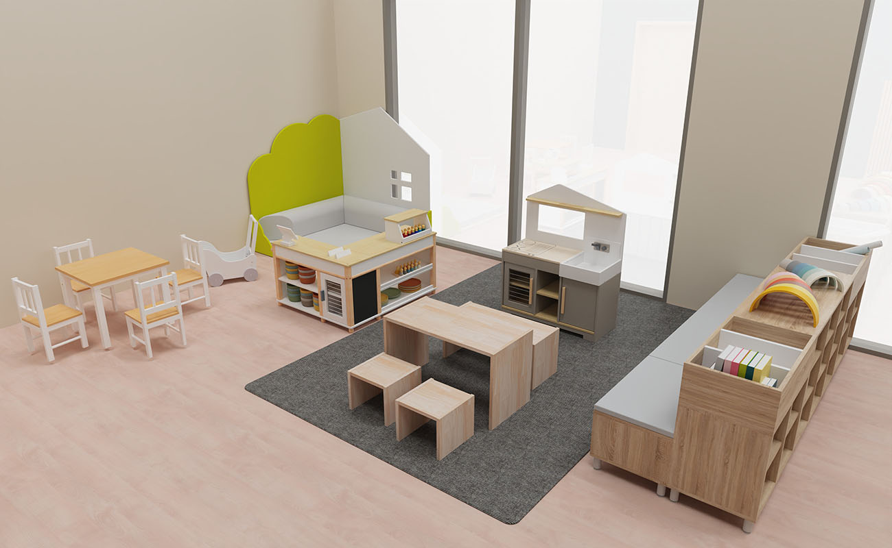 Rollenspielraum Spielerei Ecke mit Kindersitzgruppen, Betzold Kaufladen, Betzold Kinderküche und eduCasa Eckenelement