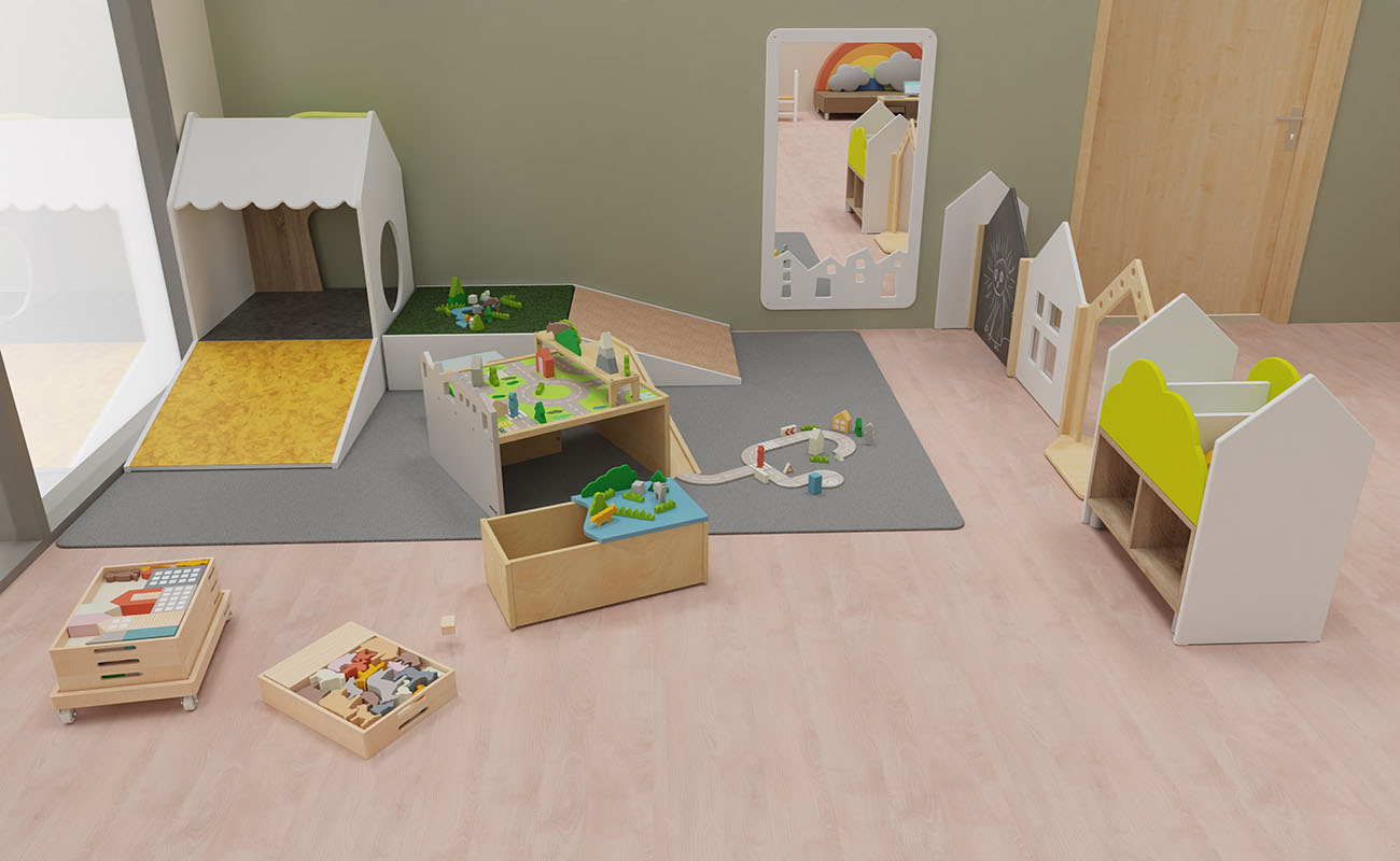 Rollenspielraum Spielerei Ecke mit Krabbelpodest, Betzold Bodenspieltisch und eduCasa Raumtrenner