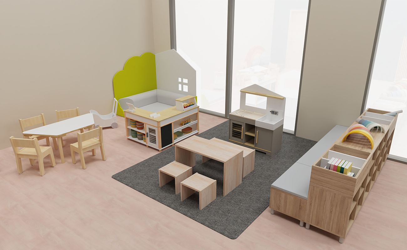 Rollenspielraum Spielerei Ecke mit Kindersitzgruppen, Betzold Kaufladen, Betzold Kinderküche und eduCasa Eckenelement