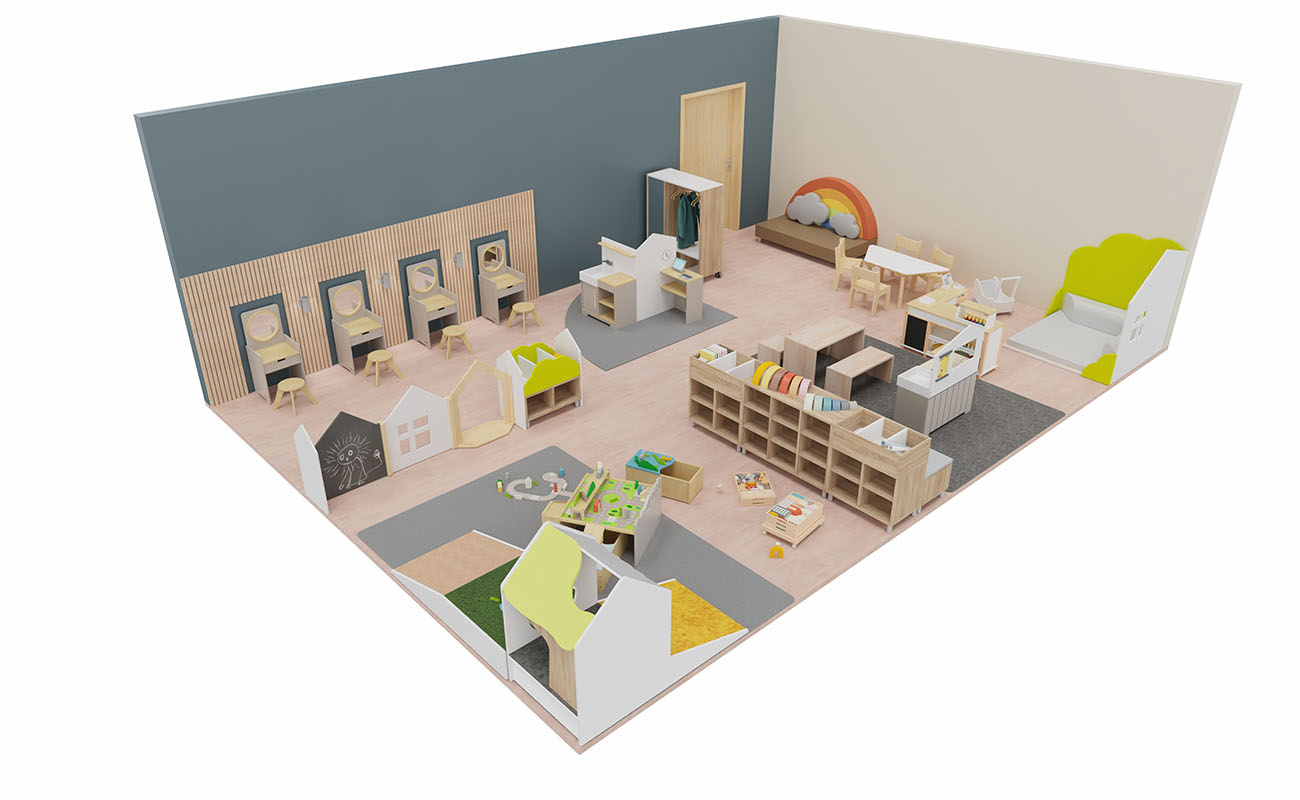 Rollenspielraum Spielerei mit Betzold Spiegeltisch, eduCasa Raumtrennerelementen, Kindersitzgruppe und Bodenspieltisch
