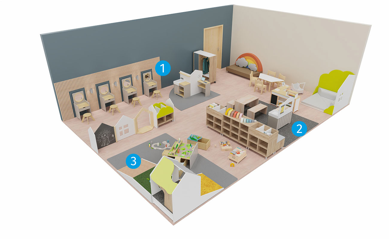 Rollenspielraum Spielerei mit Betzold Spiegeltisch, eduCasa Raumtrennerelementen, Kindersitzgruppe und Bodenspieltisch