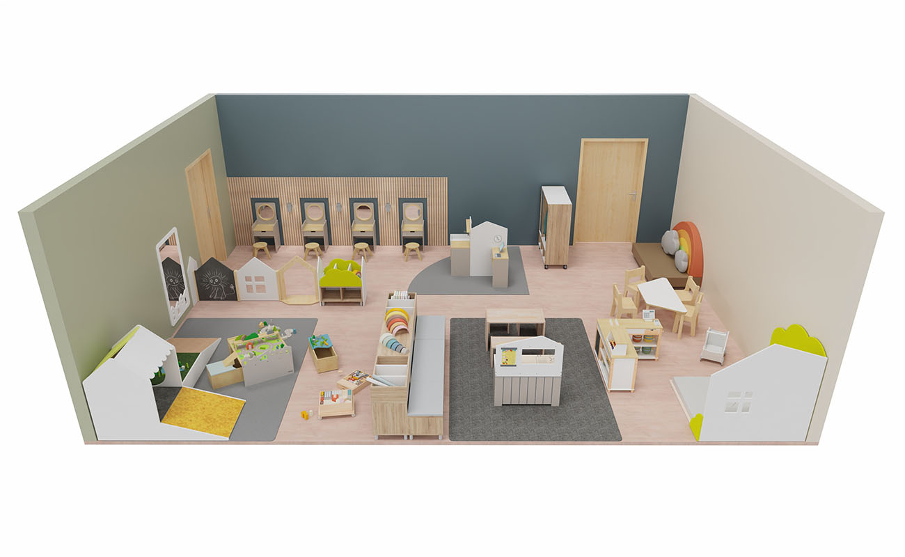 Rollenspielraum Spielerei Seitenansicht mit Betzold Spiegeltisch, eduCasa Raumtrennerelementen, Kindersitzgruppe und Bodenspieltisch