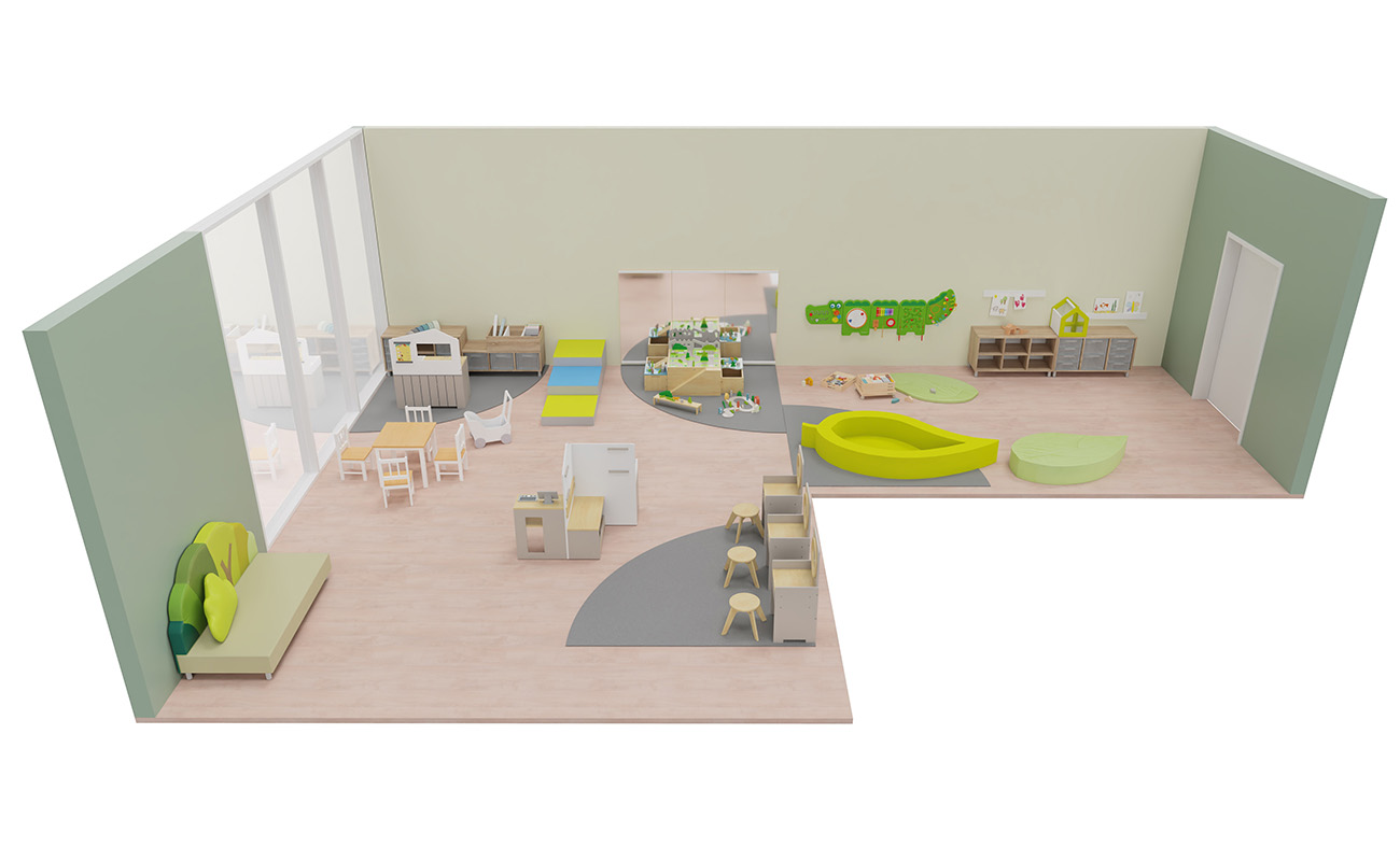 Rollenspielraum Fantasie-Quartier Seitenansicht mit Betzold Palinka Blattsofa, Betzold Spiegeltisch, Krokodilwandspiel und Betzold Kinderküche mit Kioskfunktion
