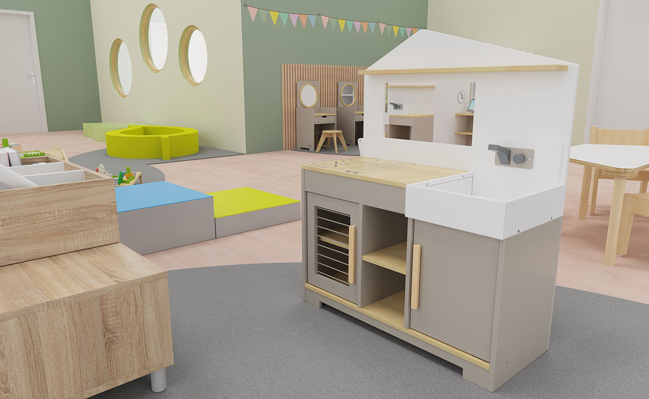 Rollenspielraum Fantasie-Quartier Ausschnitt mit Betzold Kinderküche mit Kioskfunktion