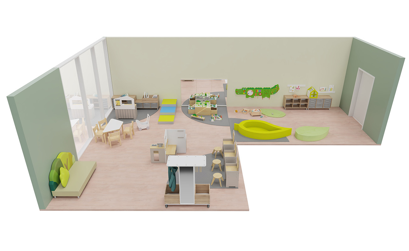 Rollenspielraum Fantasie-Quartier Seitenansicht mit Betzold Palinka Blattsofa, Betzold Spiegeltisch, Krokodilwandspiel und Betzold Kinderküche mit Kioskfunktion