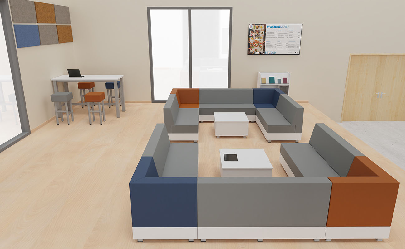 Co-Learning Space Ideenwerkstatt Ausschnitt mit Chillo Bänken und Couchtischen, essBar Hochtischund Hochhockern und Schallschutz