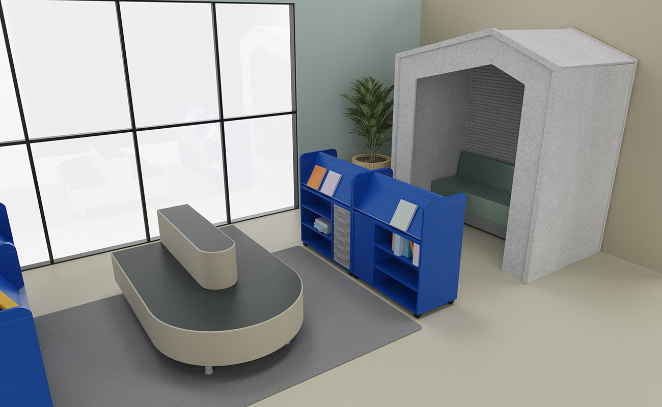 Leselounge Leselounge Ausschnitt mit Betzold Relaxterminal Endstück, Flexeo Bücherwagen und Akustikhaus